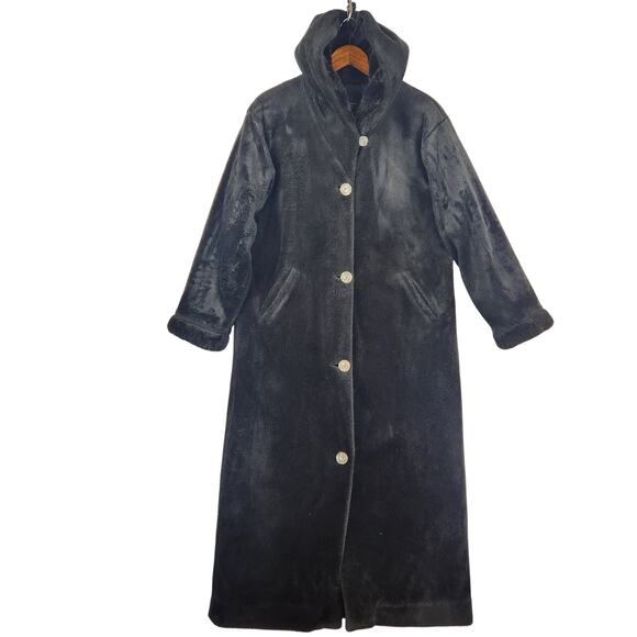 NILS Vintage Hooded Fleece Coat Women’s SZ M Black Long Button Front Lined EUC - Picture 1 of 16